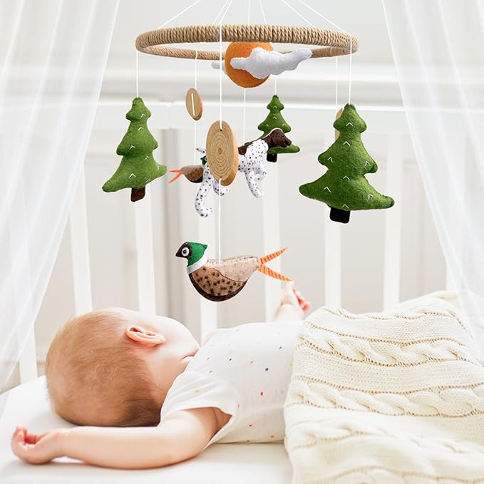 Baby Mobile for Crib Hunting Baby Crib Mobile for Boys Girls Handmade Felt Woodland Nursery Decor Infant Bedroom Hanging Pheasant Dog Hunting Decor for Bassinet Gender Reveal Newborn Gifts