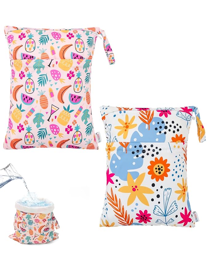 ALVABABY 2pcs Waterproof Wet Dry Bags,Reusable with Two Zippered Pockets,Baby Cloth Diaper,Travel,Beach,Pool,Daycare,Soiled Baby Items,Yoga Gym Bag,Swimsuits or Wet Clothes 2LW05