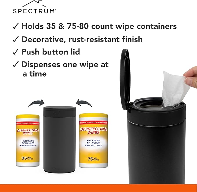 Spectrum Disinfecting Wipes Container Large Black Refillable Stainless Steel Wipe Holder for Bathroom Kitchen Classroom, Reuseable Push Button Wet Wipe Dispenser for Disinfect Cleaning Countertop