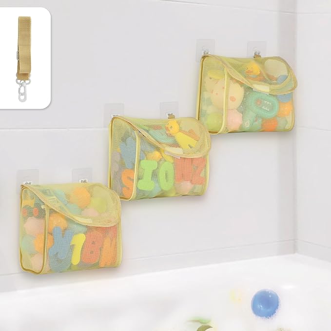 Bath Toy Storage, Detachable 3 Compartments Bath Toy Holder, Large Capacity Bathtub Toy Storage, Mesh Beach Toy Bag Shower Caddy Organizer for Bathroom Beach - Yellow