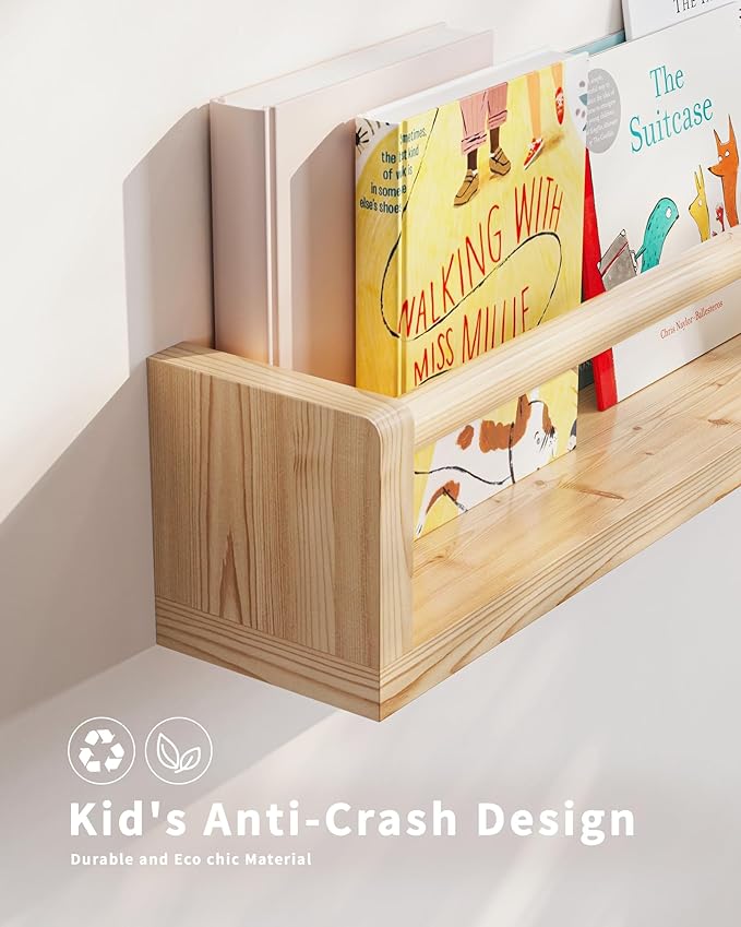 Nursery Book Shelves, 4 Pack, Wall Book Shelves for Kids Room, Baby, Toddler, Nursery Decor (Wood, 23 Inches)