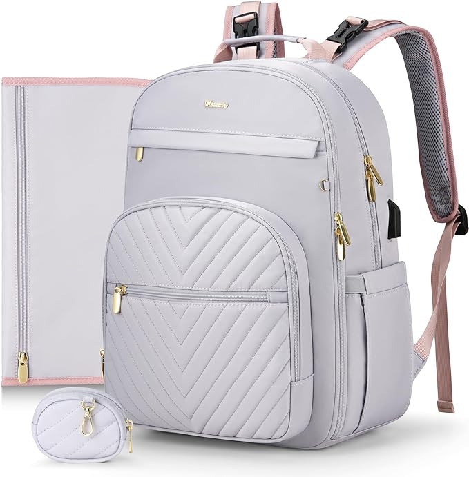 MOMUVO Diaper Bag Backpack, Quilted Baby Bag with Changing Pad and Stroller Straps and Pacifier Case, Multifunction Waterproof Travel Diaper Bags, Unisex