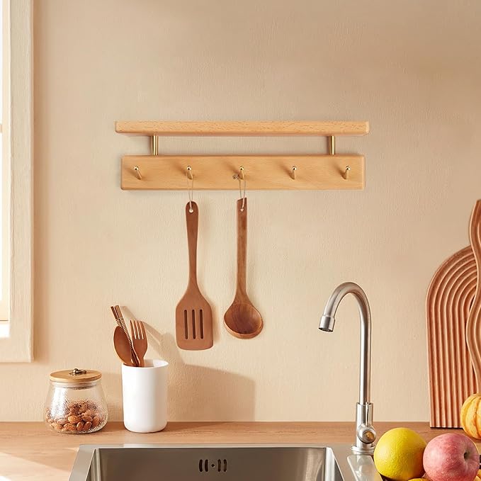 Mayhas Solid Wood Shelf with Hooks, 15 inch Coat Rack Wall Mount, Shelves with 5 Brass Hooks for Hanging in Entryway, Living Room, Bathroom, Bedroom, Kitchen(Beechwood)