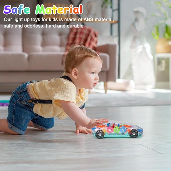 ZHFUYS Light Up Transparent Car Toy for Kids, Sensory Toys for Kid, Toy Car with Colorful Moving Gears, Fun Educational Toy for Kids, Birthday Gifts Idea for Boys Girls