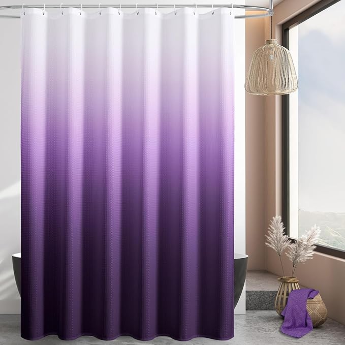 MitoVilla Purple Ombre Shower Curtain 72 x 78, Long Waffle Fabric Shower Curtains for Modern Luxury Bathroom Decor, Heavy Duty Hotel Cloth Shower Curtains 78 inch Long