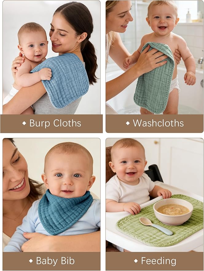 Lovely Care 12 Pack Muslin Burp Cloths 100% Cotton Muslin Cloths Large 20''x10'' Extra Soft and Absorbent Baby Burping Cloth - Sage, Teal and Blue