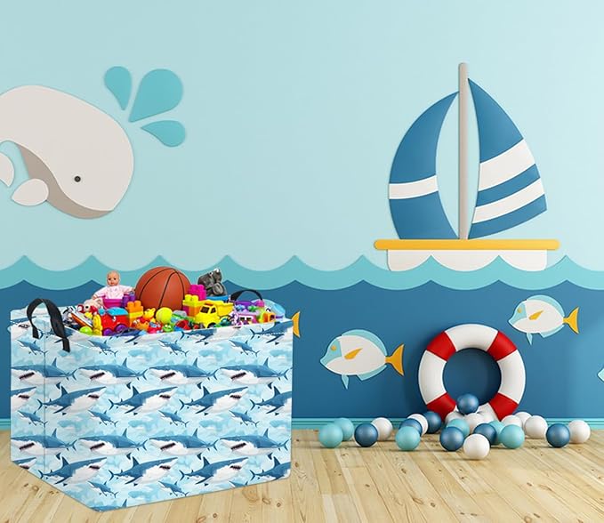 TIBAOLOVER Rectangular Shark Basket Baby Kids Storage Basket Cute Kids Toy Storage Bin Organizer Shelf Book Room Decor(Sharks)