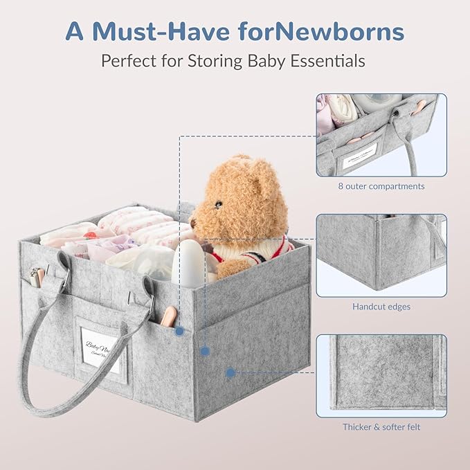 Diaper Caddy Organizer, Newborn Essetials Must Haves, Baby Registry Search and Other Baby Stuff, Collapsible Baby Basket with Handle and a Photo Frame, Grey, 11.8 x 6.3 x 9.0 inch
