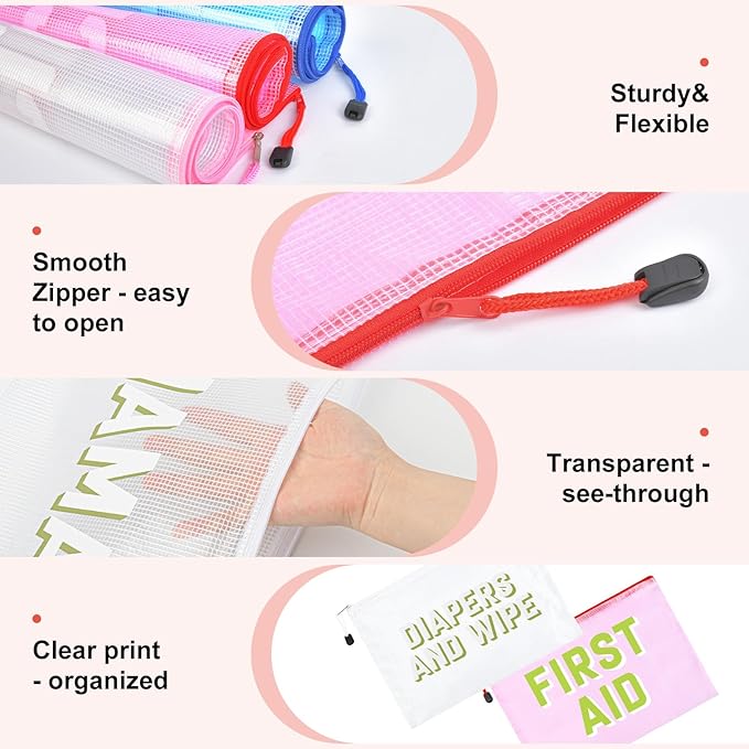 6pcs Hospital Diaper Bag Organizing Pouches for Labor and Delivery, Maternity Essentials Diaper Bag Organizer for Mommy Travel - White/Pink