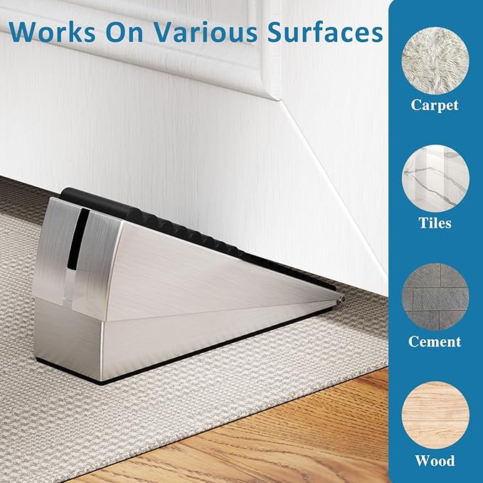 Heavy Duty Door Stopper, Adjustable Spring Large Stopper, 3 Inches High Tall Wedge Stoppers for Bottom of Door, Door Stop Suits Any Heavy Door, Silver