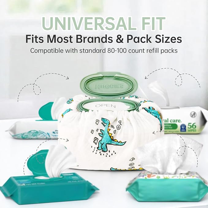 3 Pcs Baby Wipes Cover- Universal Size, Reusable Muslin Cotton Fabric Wipe Holder Pouch for Boys and Girls (Dinosaur, Rainbow, Bear)