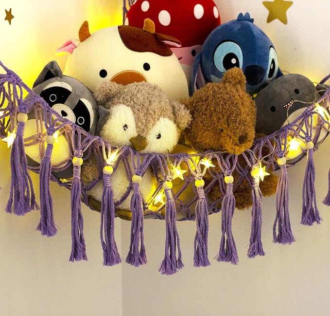 Stuffed Animal Hammock Corner with LED Light - Toy Storage Hammock Plushie Net Organizer - Teddy Bear Stuffy Hammock - Purple Nursery Decor Baby Kids Bedroom Nursery Furniture
