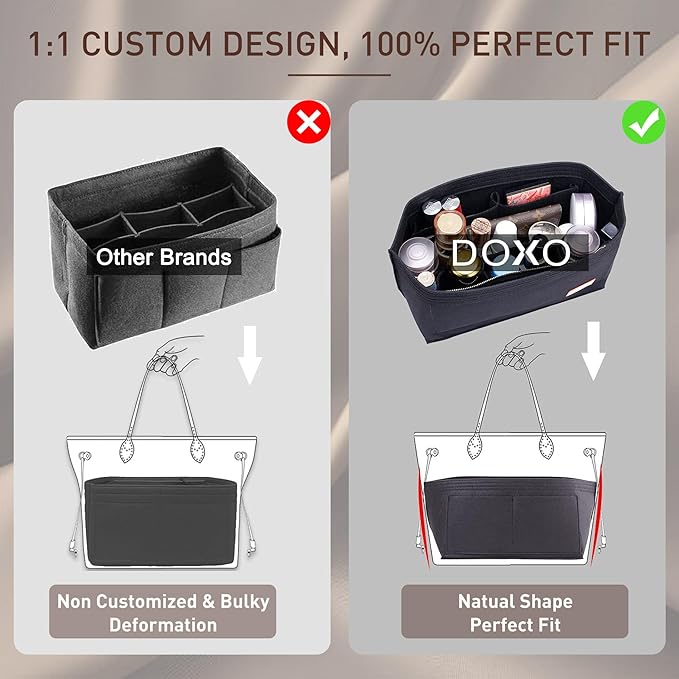 Doxo Purse Organizer Insert Handbag Tote Felt Bag Fit L Neverfull GM & Base Shaper 2pc Set (X-Large, Black-Combination)