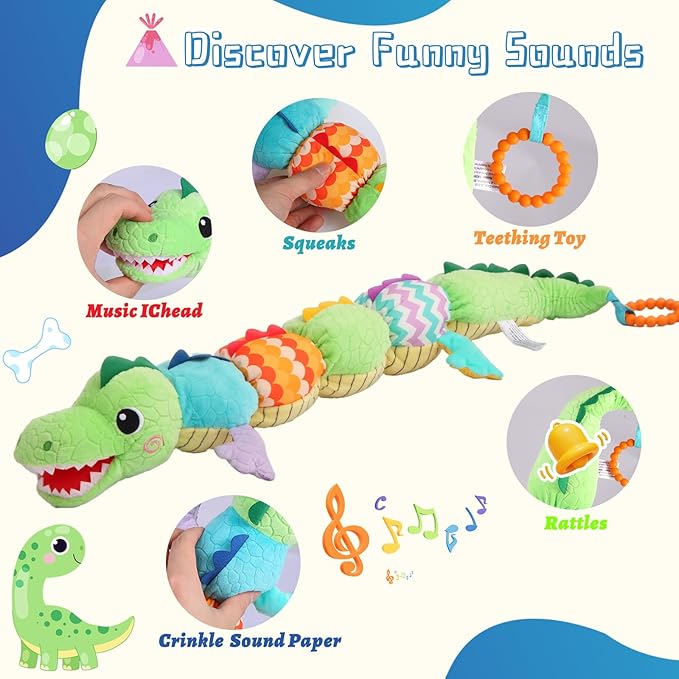 Baby Sensory Green Dinosaur Plush Musical Rattle Toy with Rustling Sounds for Infant 0-6 Months, Tummy Time Sensory Toys for 3-12 Month Old Newborn