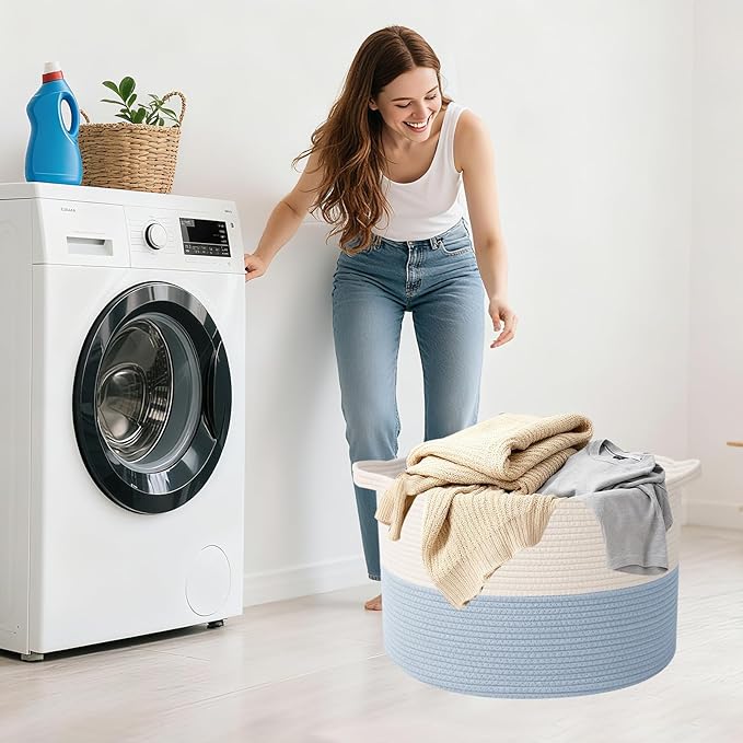 Large Storage Basket with Handle,23.6" x 23.6" x 15.7" Blanket Basket Storage Bins for Organizing,115L Cotton Rope Woven Baskets for Living Room, Nursery,Bedroom,White&Blue