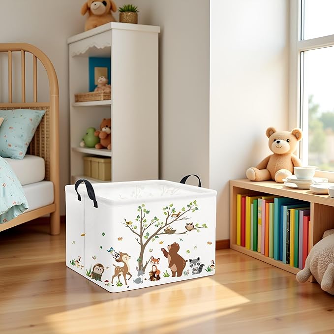 TIBAOLOVER Rectangular Kids Storage Basket Baby Storage Basket with Handles for Home Kitchen Boys and Girls Cute Toy Storage Bin Organizer Shelf Book Room Decor(Tree Animal)
