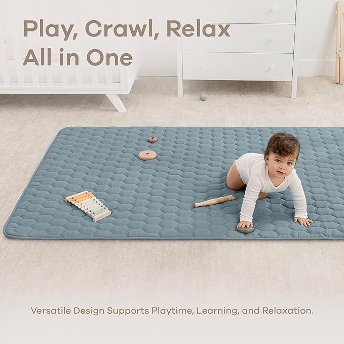 Comfy Cubs Rectangle Kids Play Mat - Medium 48 x 72 inches Soft Quilted Baby Floor Mat with Non-Slip Bottom - Plush Design for Toddlers Playtime - Comfortable and Durable - Pacific Blue