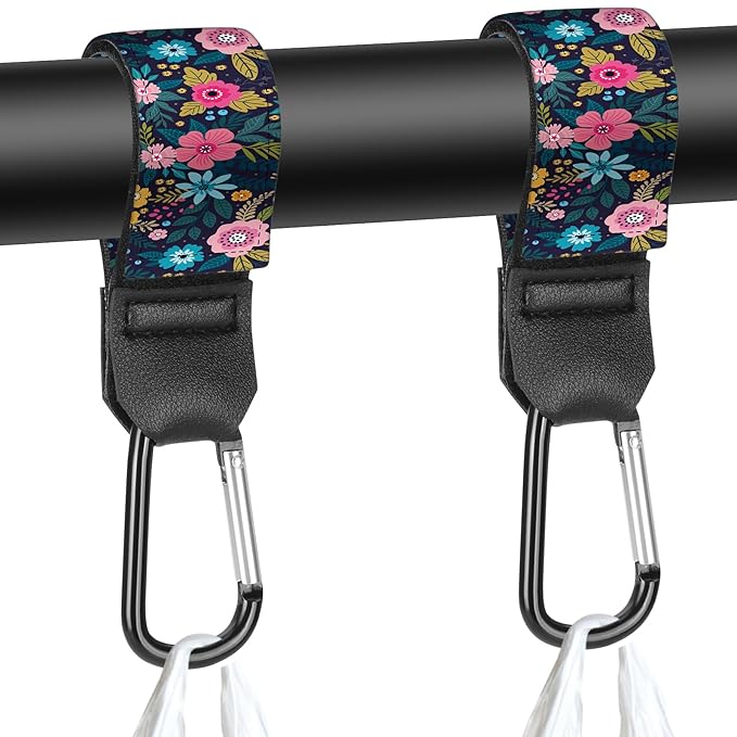 Stroller Straps, Mommy Hooks Diaper Bags, Universal Shopping cart, Wallet, Backpack - 2 Packs (Flower)