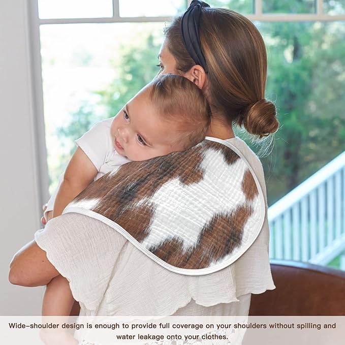 Muslin Baby Burp Cloths Set of 1, Soft Absorbent White Brown Print Cow Muslin Washcloths, Bibs, Face Towel for Newborn Boys Girls, 22 x 11 Inch