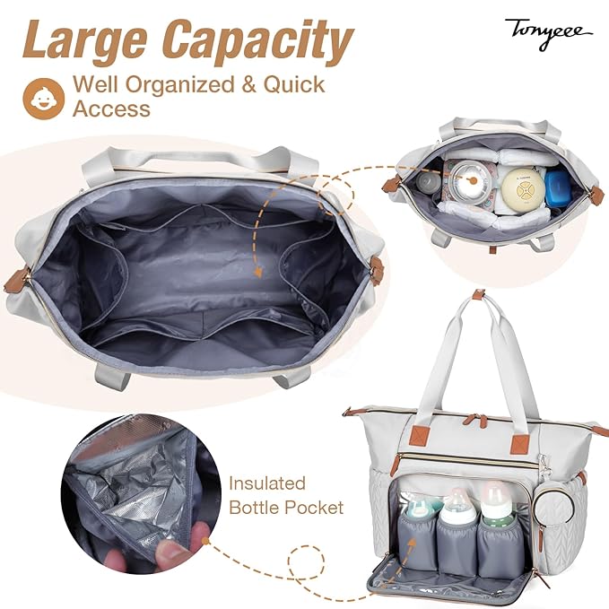 Tonyeee Diaper Bag Tote, Large Diaper Bags Waterproof, Hospital Bag for Labor Delivery, Baby Bag with Pacifier Case, Travel Diaper Tote with Changing Pad, Grey