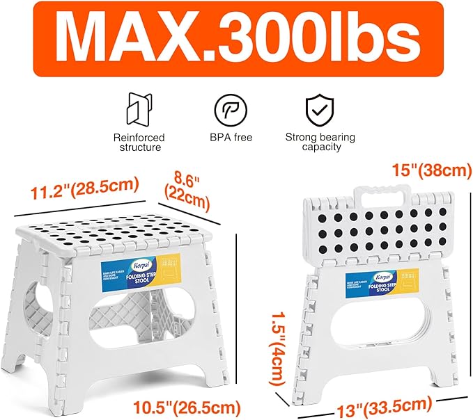Korpai 11" Folding Step Stool for Adults and Kids Holds Up to 300 lbs,Non-Slip Folding Stools with Portable Handle, Compact Plastic Foldable Step Stool for Bathroom,Bedroom, Kitchen,White,1PC