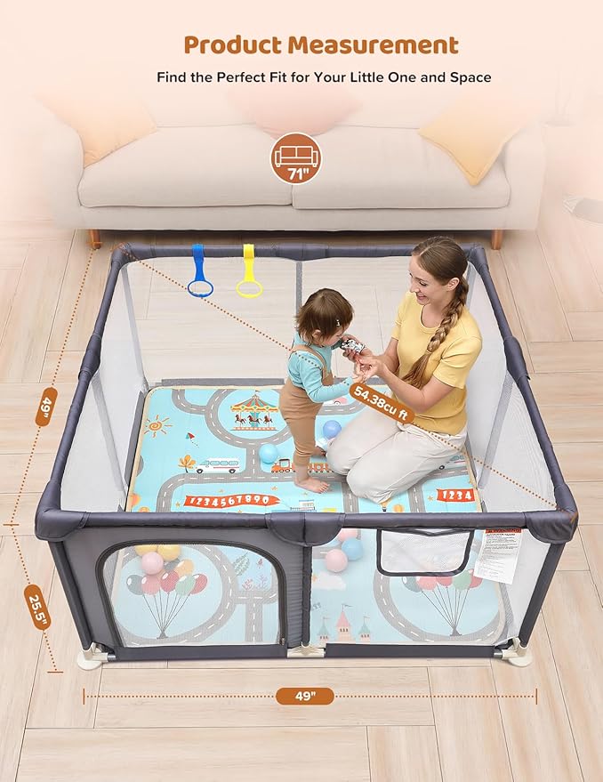 Dripex Baby Playpen with Mat, 47"x47" Play Pen for Toddlers 1-3 Years, Soft Breathable Visible Mesh, Indoor/Outdoor Portable Play Yard with Mat, Safe Baby Fence Play Area, Grey