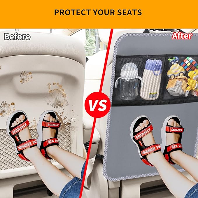 Zecirl 2 Pack Kick Mat Backseat Protector,Back Seat Cover for Kids,Car Seat Back Protectors with 2 Pocket Storage Organizer for Car, SUV, Minivan or Truck Seats (Grey)