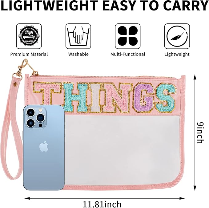 Iqimott Monogram Letter Clear Bag Purse, Chenille Glitter Letter Makeup Cosmetic Bag Patch Zipper Toiletry Pouch, Portable Travel Beach Snack Wristlet Bag for Women Girls(Things, Pink)