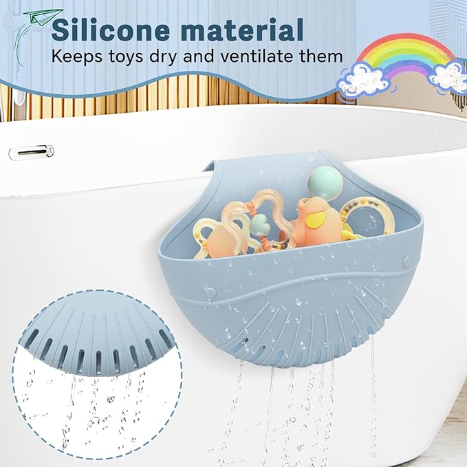 Silicone Bath Toy Organizer for Tub, Flexible 2-Compartment Bathtub Storage Basket for Kids & Adults, Drainable Toy Holder and Foldable Shower Caddy for Bathroom Essentials（Blue）