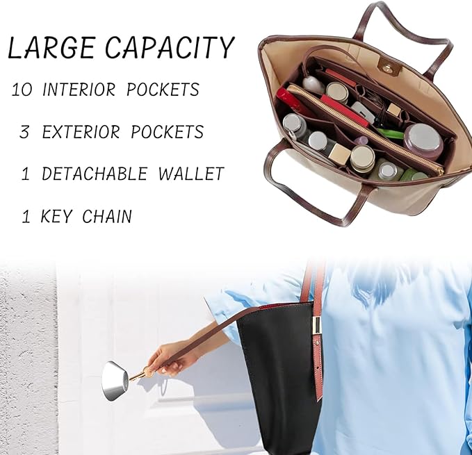 Purse Organizer Insert with Zipper Felt Bag Organizer Handbag Organizer Insert Bag in Bag Organizer with Key Chain for Tote Purse Bag Brown XLarge