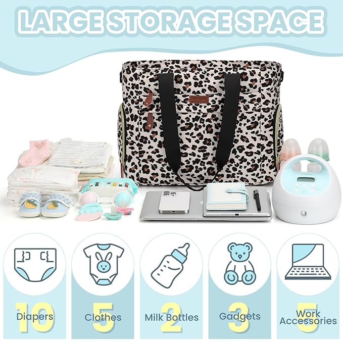 Pritent Diaper Bag Tote for Working Mom, Large Travel Diaper Tote for Mom and Dad with 14 Inch Laptop Sleeve, Mommy Maternity Travel Baby Bag for Boys and Girls, Leopard