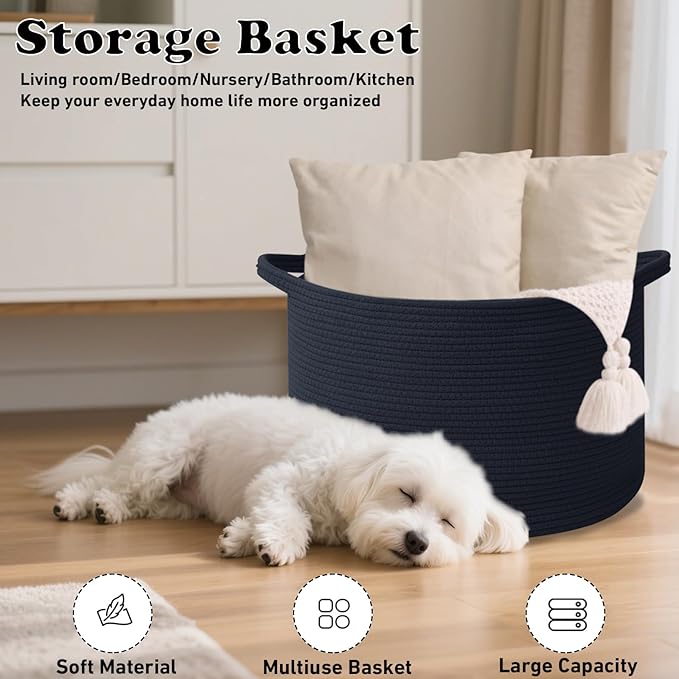 Large Storage Basket with Handle,23.6" x 23.6" x 15.7" Blanket Basket Storage Bins for Organizing,115L Cotton Rope Woven Baskets for Living Room, Nursery,Bedroom,Navy