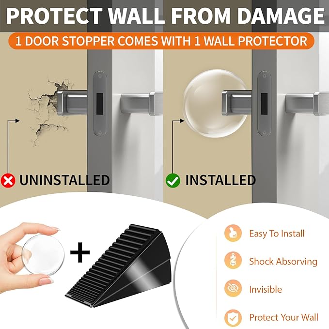 ZDZQJIA Heavy Duty Door Stoppers for Bottom of Door - Adjustable Spring Large Door Stop Wedge, Anti-Slip Rubber Grip,3" High Metal Doorstop Suits Carpet,Tile,Commercial,Home-Black1Pc+1 Wall Protector