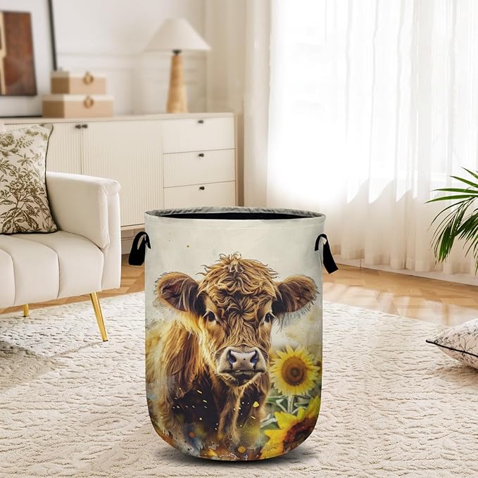 Highland Cow Sunflowers Laundry Basket, Laundry Hamper Collapsible Oxford Cloth with Handle Clothes Toy Storage Bin for Bathroom Laundry Room Bedroom 15.7 X 20 Inch