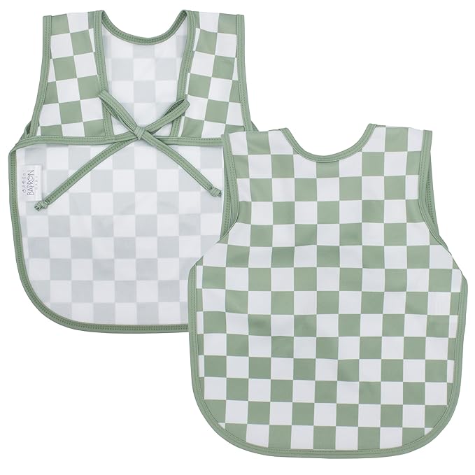 BapronBaby Sage Checkerboard Bapron - No Neck Tie Safer Bib for Baby & Toddler - Soft Waterproof Stain Resistant - Machine Washable - Sz Preschool 3-5yrs