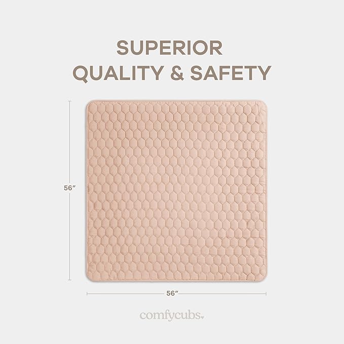Comfy Cubs Square Kids Play Mat - 56 x 56 inches Soft Quilted Baby Floor Mat with Non-Slip Bottom - Plush Design for Toddlers' Playtime - Comfortable and Durable - Blush