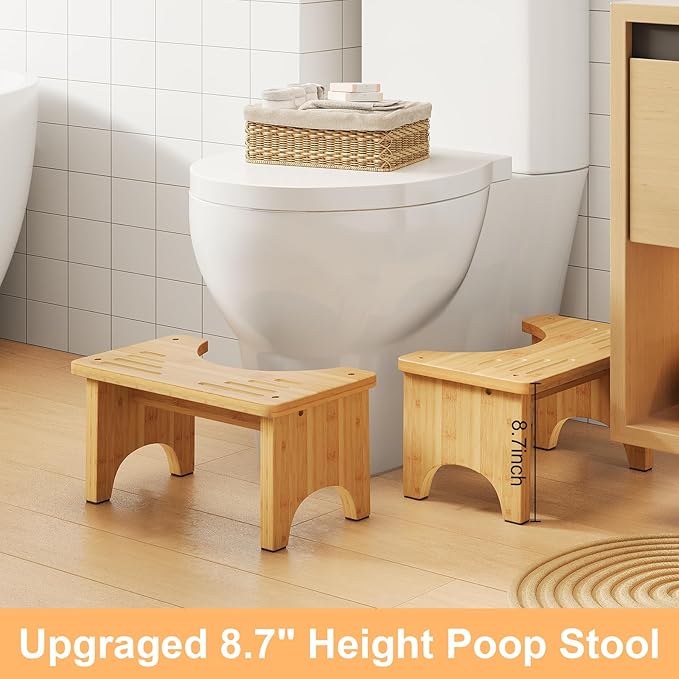 9 Inch Toilet Stool for Adults, Natural Bamboo Wood Poop Stool for Squatting Potty, Non-Slip & Portable Bathroom Step Stools for Healthy Pooping, Natural Color, 1 Pack