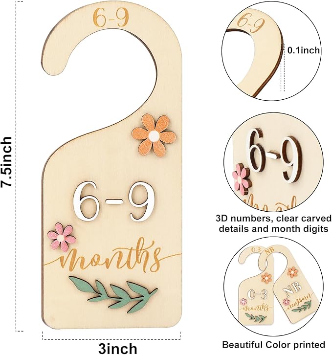 Whaline 7Pcs 3D Daisy Wood Baby Closet Size Dividers with Pink Velvet Bag Newborn to 24 Month Thicken Infant Wardrobe Hanger Organizers for Home Nursery Party Favors