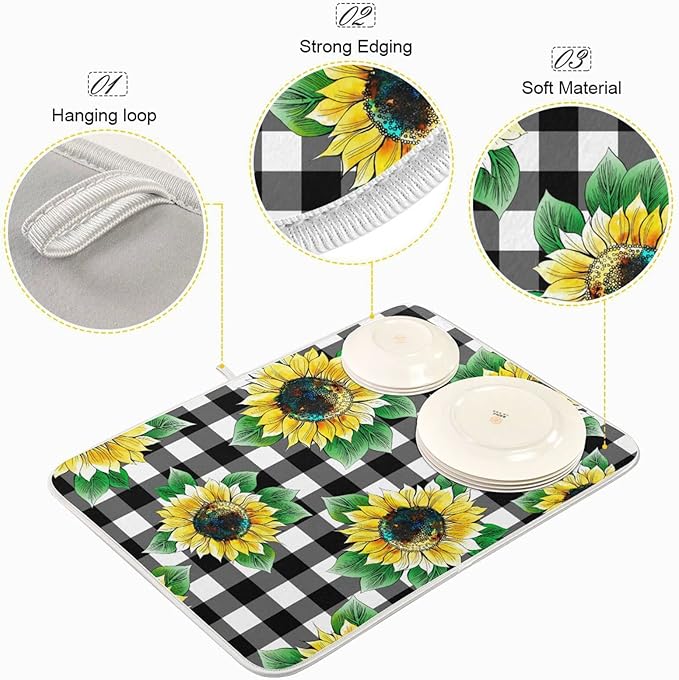 Absorbent Dish Drying Mat for Kitchen Counter - Sunflower Lattices Vintage Microfiber Drying Pad, Reversible Drainer Mats for Countertop, Small 16" x 18"