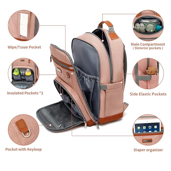 BILLITON MASHI Diaper Bag Backpack, Large Baby Nappy Bags with Portable Changing Pad for Boys and GirlsMultifunction Travel Baby Bag for Moms Dads, Shower Gifts Waterproof and Stylish，Deep Powder