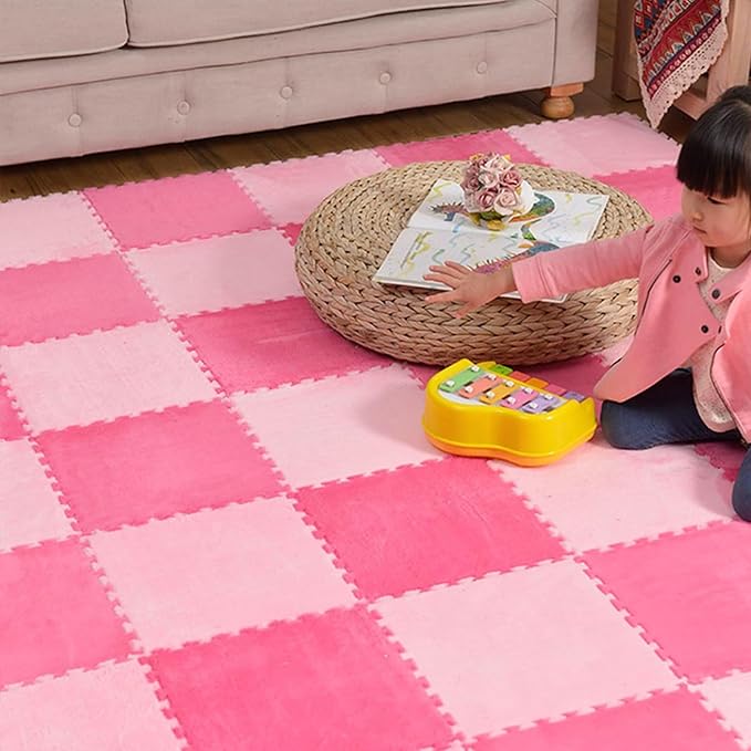 12pcs Plush Puzzle Foam Floor Mat, Soft Thicken Fluffy Interlocking Square Foam Tiles Area Rugs Carpet for Parlor Bedroom Decoration(11.8x11.8x0.55in,Rose Red&Pink)