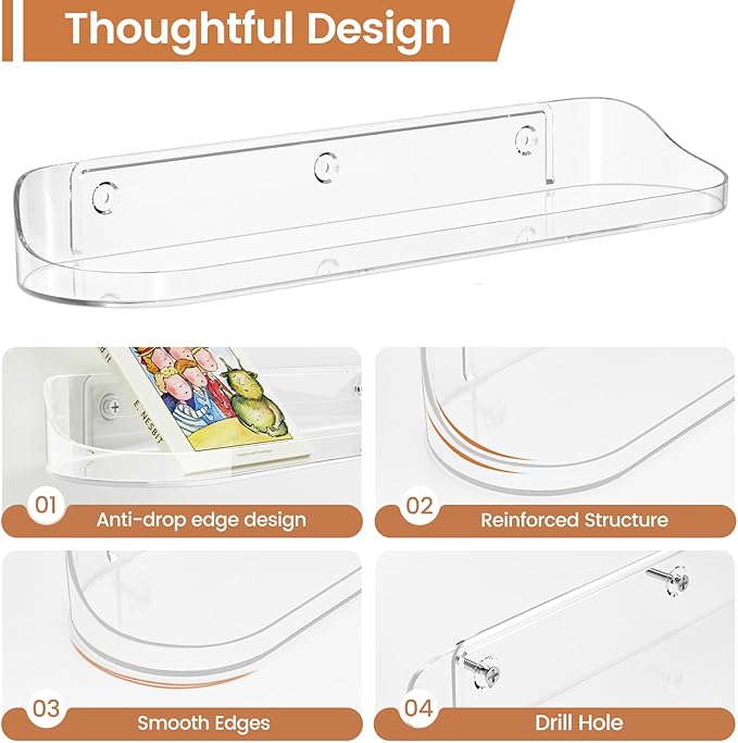 SpaceWhisper Floating Shelves for Wall, 2-Pack 15" Wall Shelves for Bathroom, Bedroom, Kitchen, Living Room, Display Hanging Shelf Organizer for Book, Picture Ledge, Figure Storage, Room Decor (Clear)
