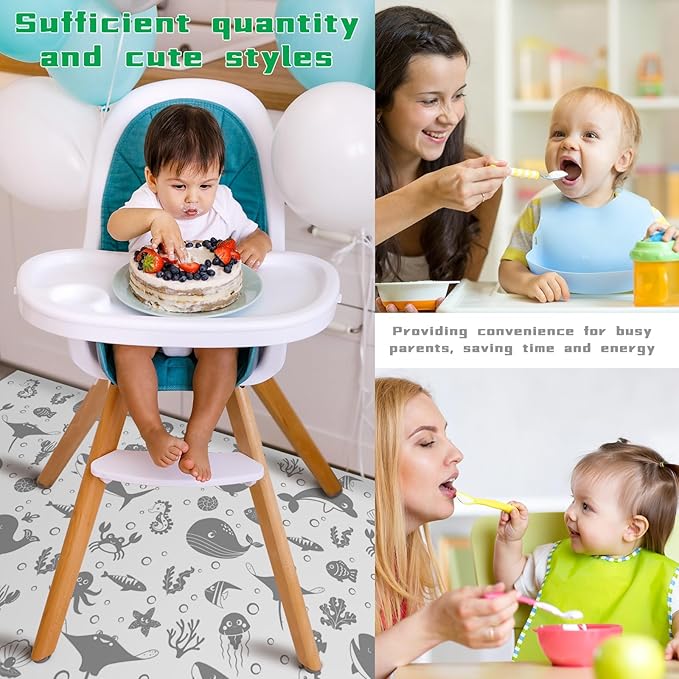 Drydiet 100 Pack 28"x47" Disposable Floor Splat Mats for Under High Chair with Animals Print, Waterproof Plastic Floor Mat Multipurpose Baby Led Weaning Supplies(Sea Animal)