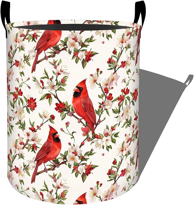 Cute Red Cardinal with Flowers Laundry Basket with Handles, 19.7"x15.7" Clothes Foldable Laundry Hamper Organizer for Dorm Nursery Bedroom Bathroom Decor, Toy Storage Bin for Kids