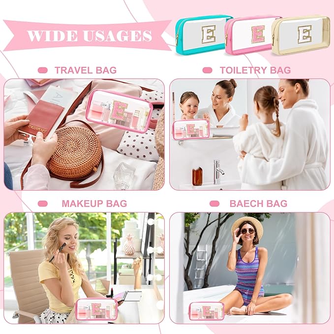 Personalized Initial Letter Clear Makeup Bag,Preppy Small Nylon&PVC Cosmetic Zipper Bag with Chenille Letter,Portable Beach Travel Skincare Toiletry Bag,Trendy Monogram Gift for Teen Girls Women,E