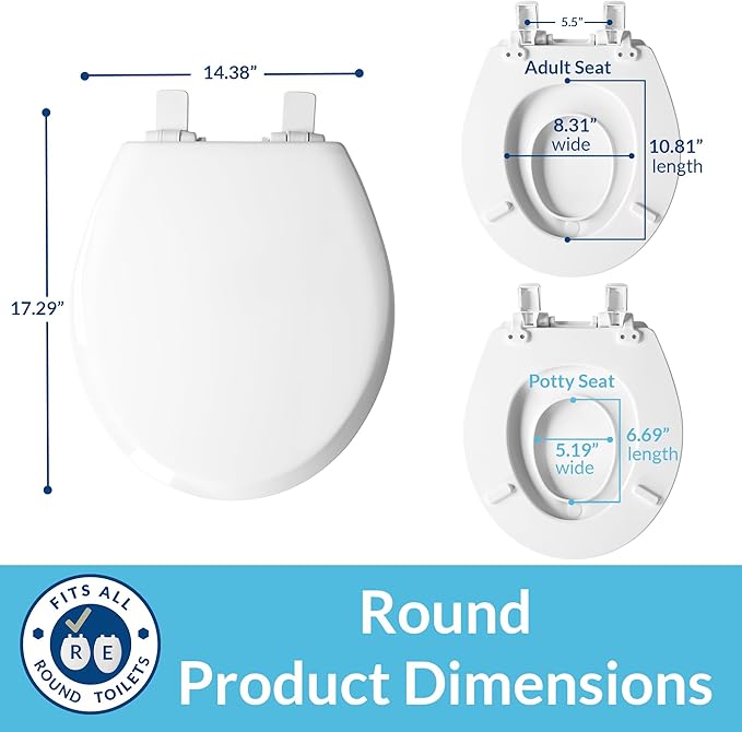 Mayfair NextStep2 Toilet Seat with Built-In Potty Training Seat, Slow-Close, Removable that will Never Loosen, Round, White, 2-Pack