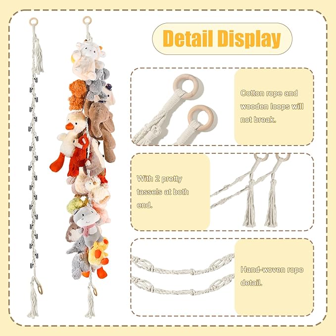 1/2 pcs 80" Cotton Hanging Storage Chain For Stuffed Animals Storage with 20 Metal Clips, Stuffed Animal Organizer Chain for Wall Corner Nursery Play Room, White