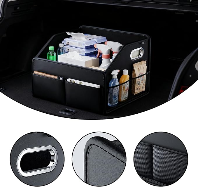 Leather Car Organizer Front Seat Organizer with Metal Handles, Dividable Black Car Caddy Organizer for Passenger Seat Organizer