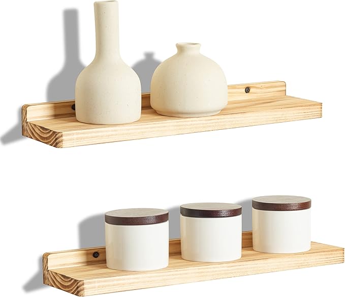 Freezing point Floating Shelves for Wall Set of 2 Natural Wood 16Inch Wall Shelf Decor Plant Display Collectibles Mounted Kitchen Bathroom Bedroom Corner Decorative Storage Stand Carbonized