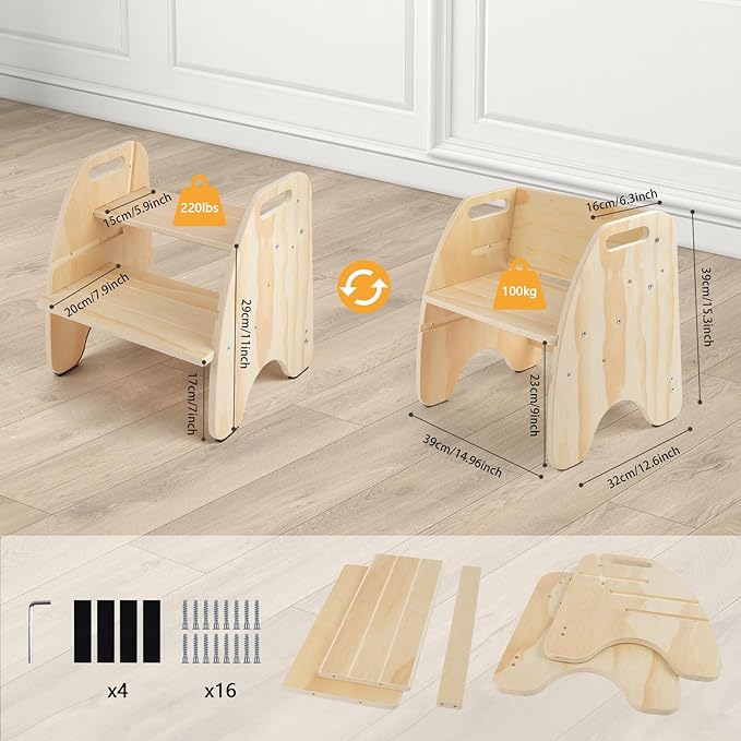 comfoyar Wooden Toddler Step Stool, 2 Step Stool for Kids with Handles and Anti Slip Pad, Convertible Back Chair, Height Adjustable Potty Training Helper Stool for Bathroom Sink, Bedroom